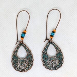 New Boho Beaded Copper Tone Dangle Earrings Aged Finish 2 3/4" Long Vintage Look